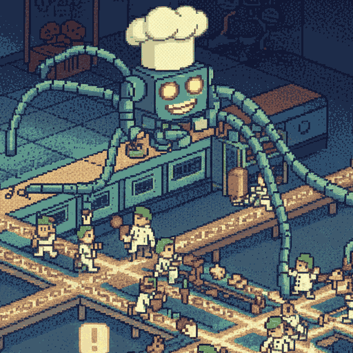 Hard-working robot manager in a busy kitchen